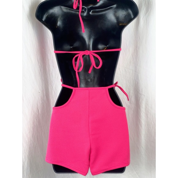 New Small Pink Barbiecore 2‎ Piece Triangle Bandana backless Halter Shorts Set - Picture 5 of 7